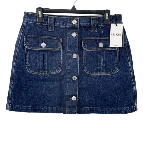 NWT Re/Done 70s Button Front Heritage Rinse Denim‎ A-Line Mini Skirt Size Large - Picture 2 of 8